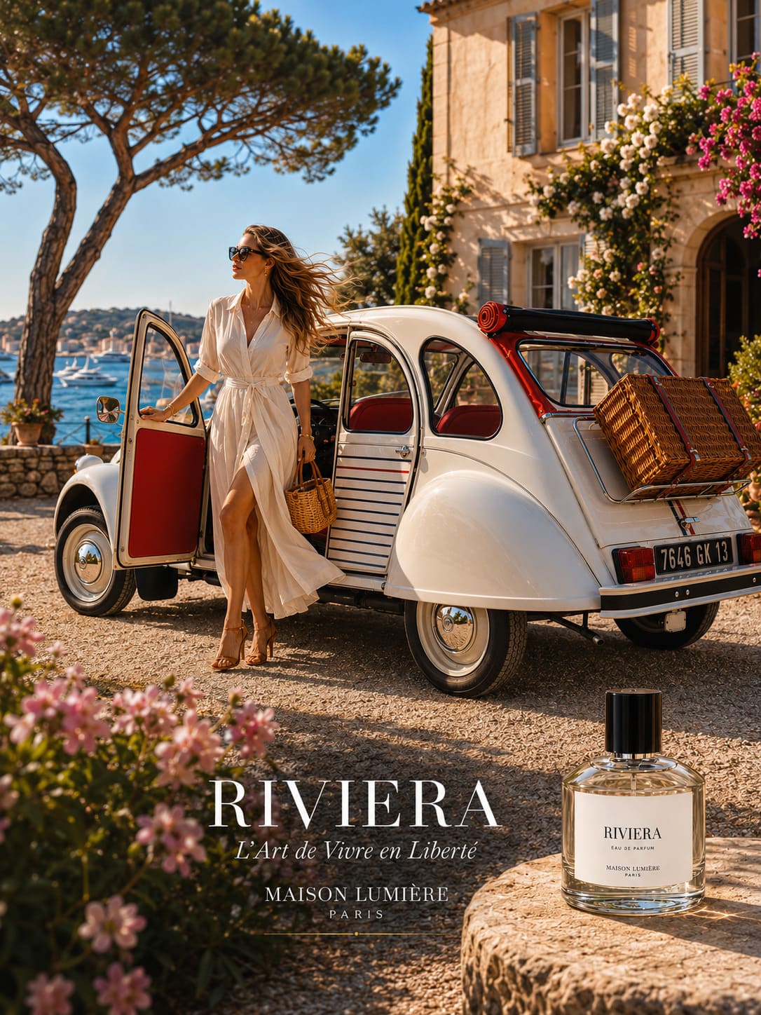 Shooting parfum de luxe avec voiture vintage