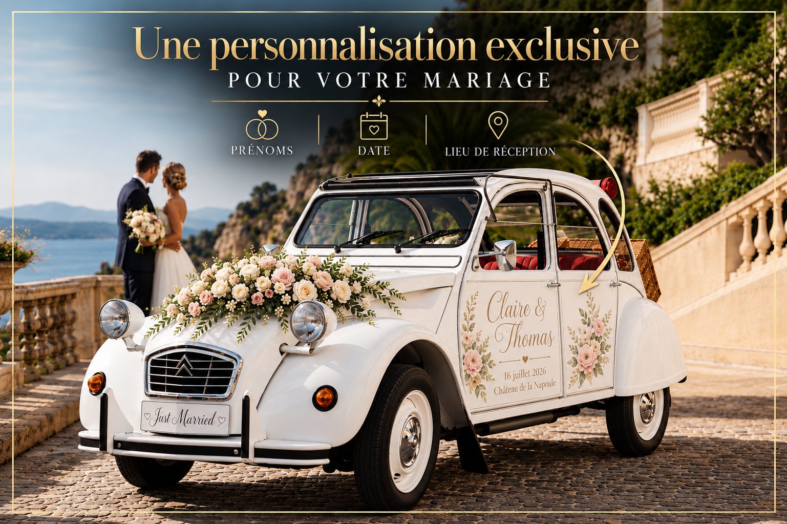 Mariage avec Citroën 2CV vintage sur la Côte d'Azur 1